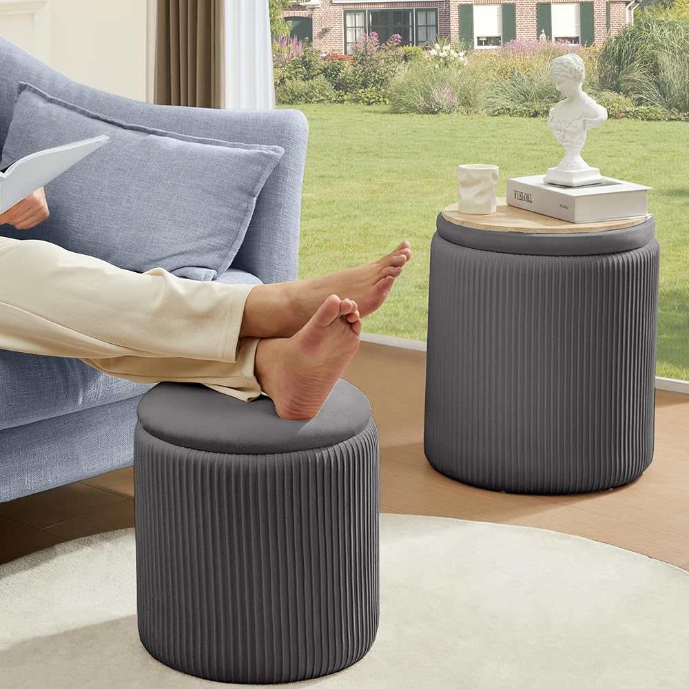 2 Pcs Set Round Ottoman Vanity Stool With Storage