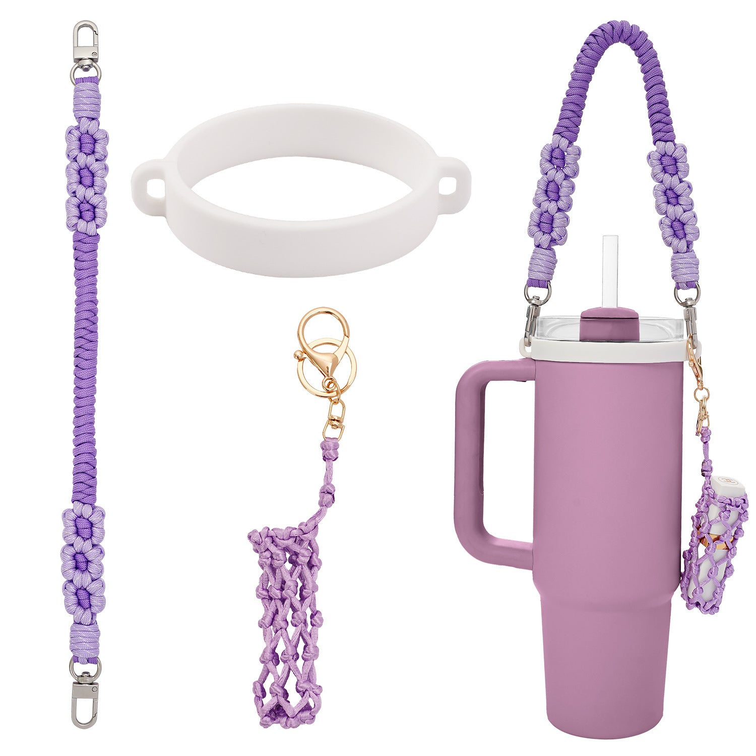 Handmade Macrame Daisy Water Bottle Handle for Tumbler Stanley Cup