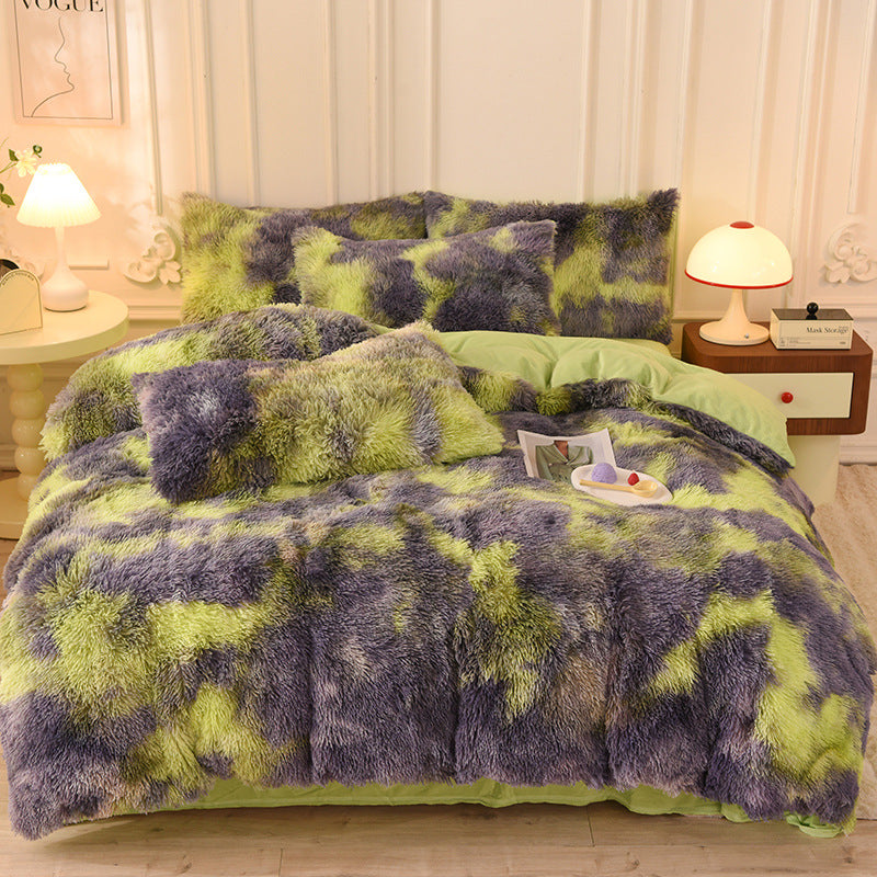 Fluffy green and gray bedding set 