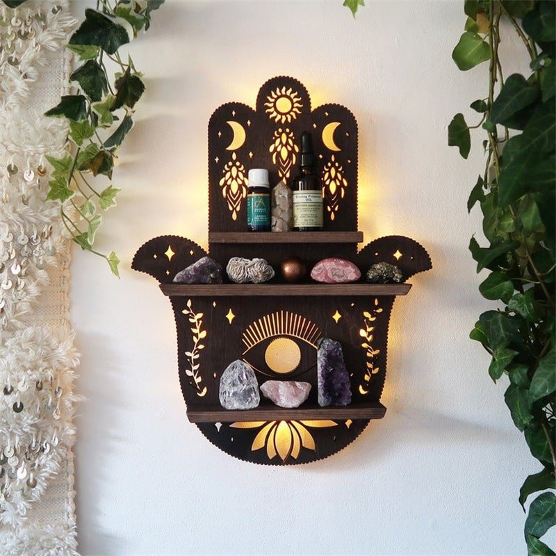 Hamsa Evil Eye Crystal Display Wall Mount Shelf with Light