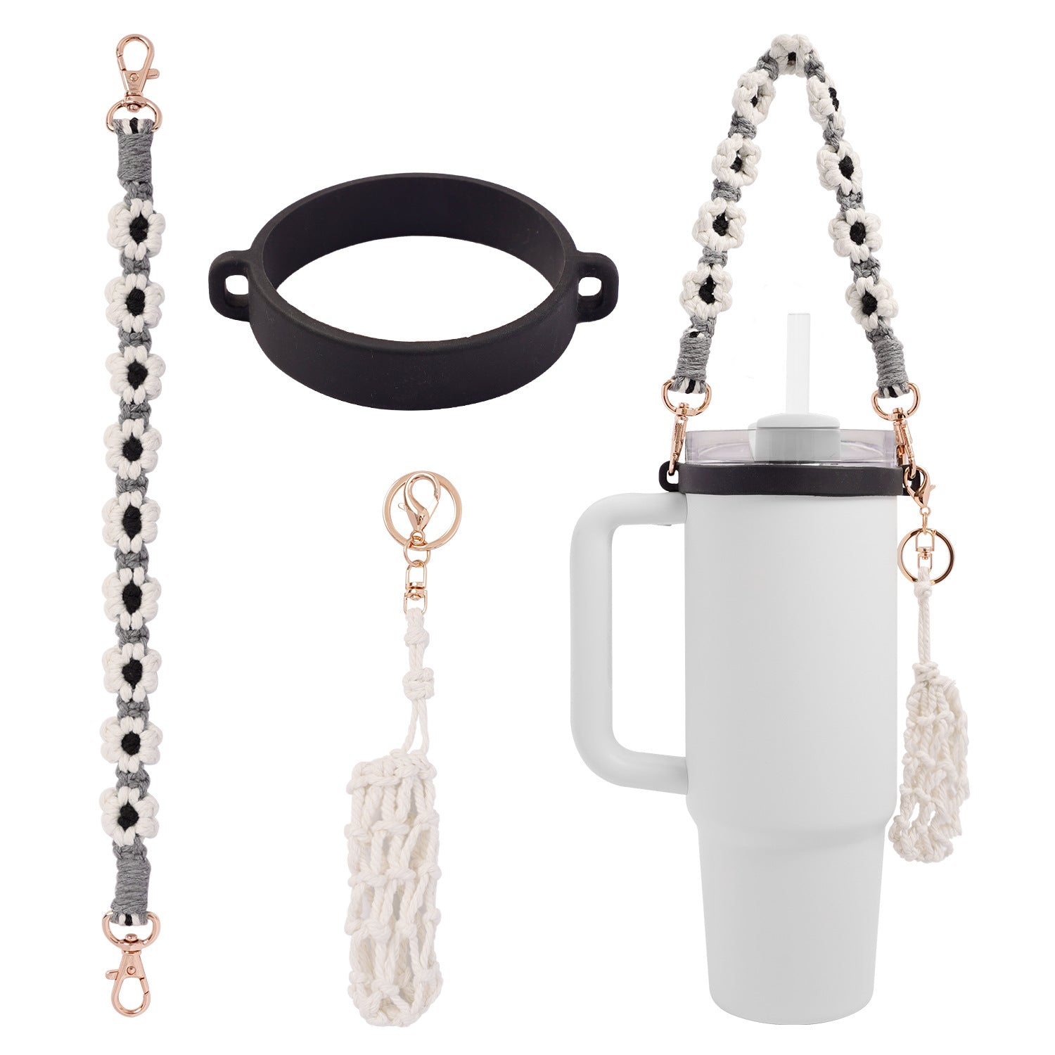 Handmade Macrame Daisy Water Bottle Handle for Tumbler Stanley Cup