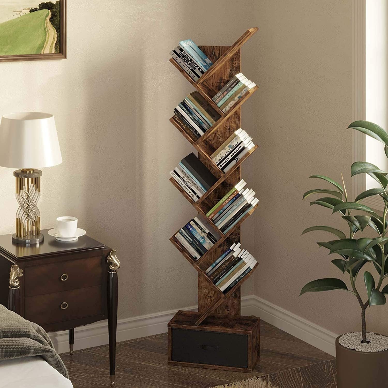 9 Tier Wooden Bookshelf Storage Rack With Drawer