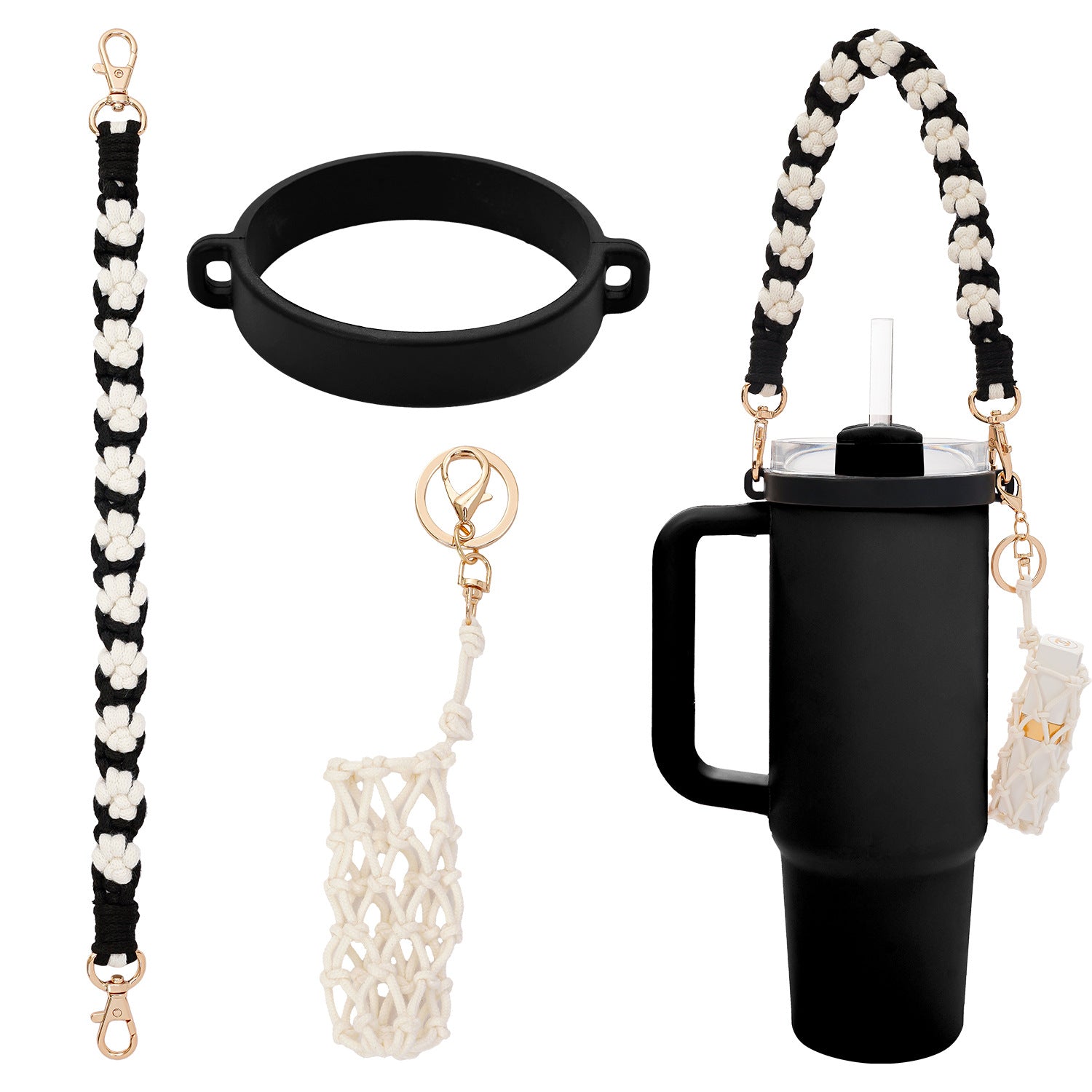 Handmade Macrame Daisy Water Bottle Handle for Tumbler Stanley Cup