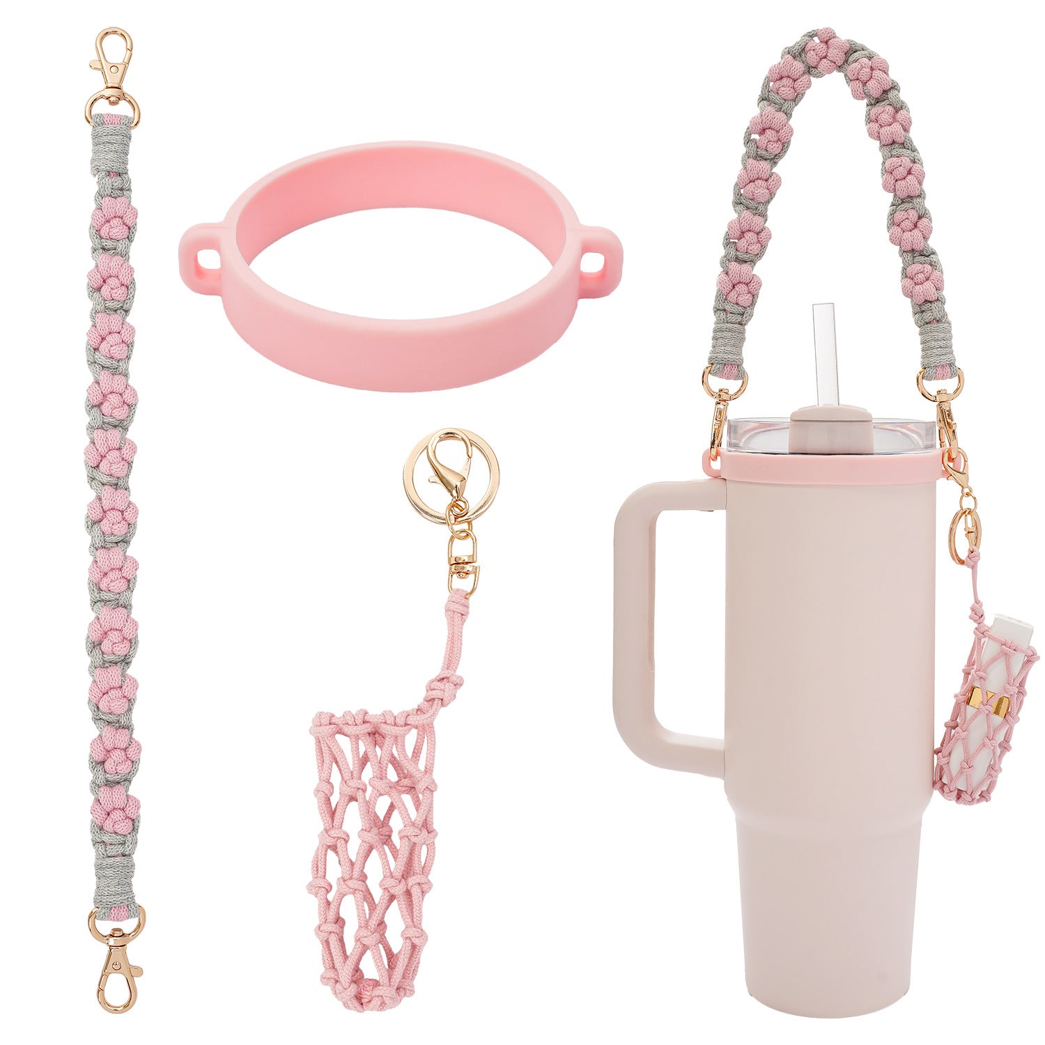 Handmade Macrame Daisy Water Bottle Handle for Tumbler Stanley Cup