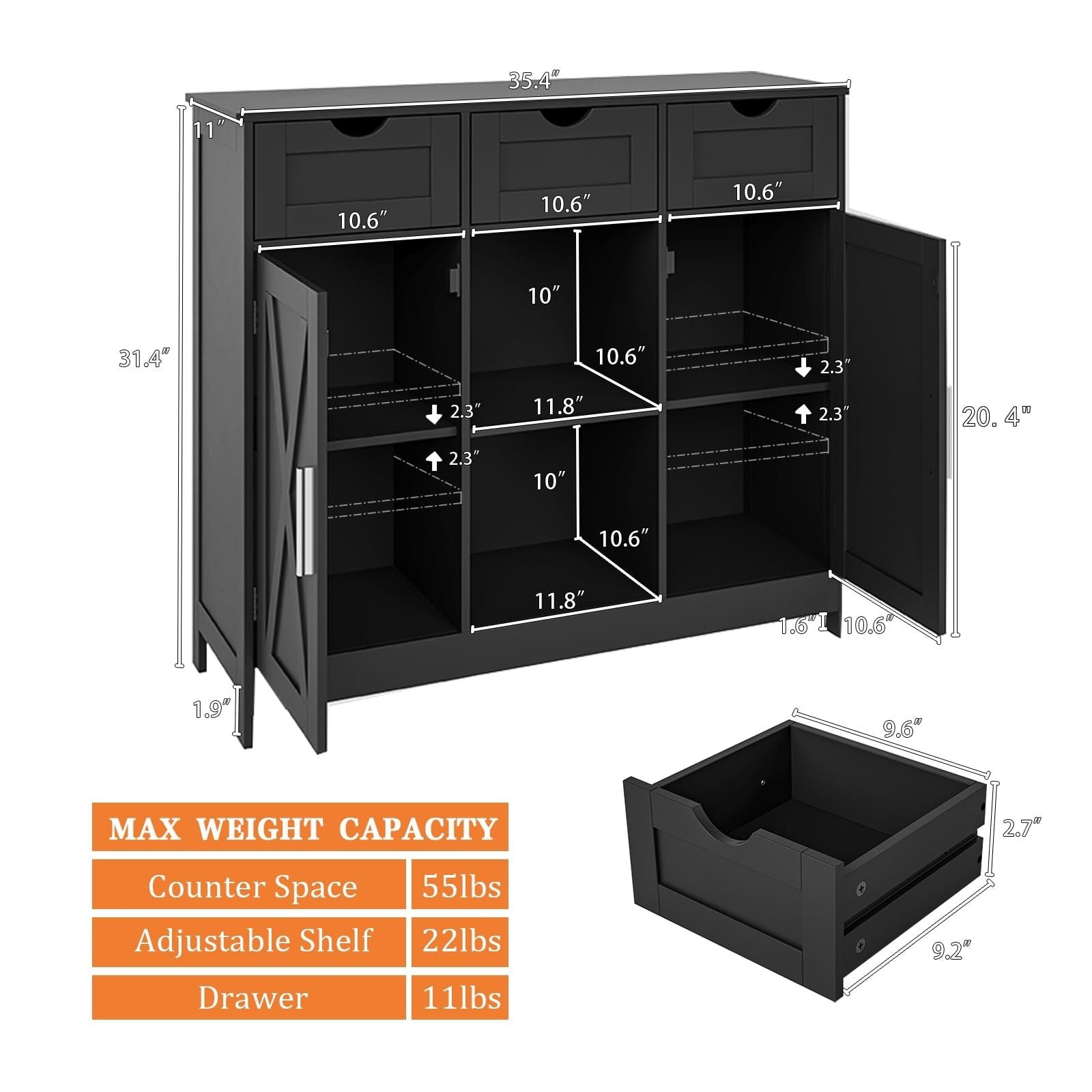 35" Double Doors Storage Cabinet with Open Shelf Drawers