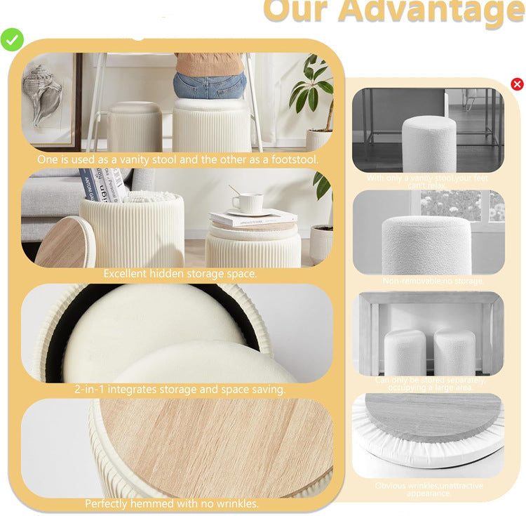 2 Pcs Set Round Ottoman Vanity Stool With Storage