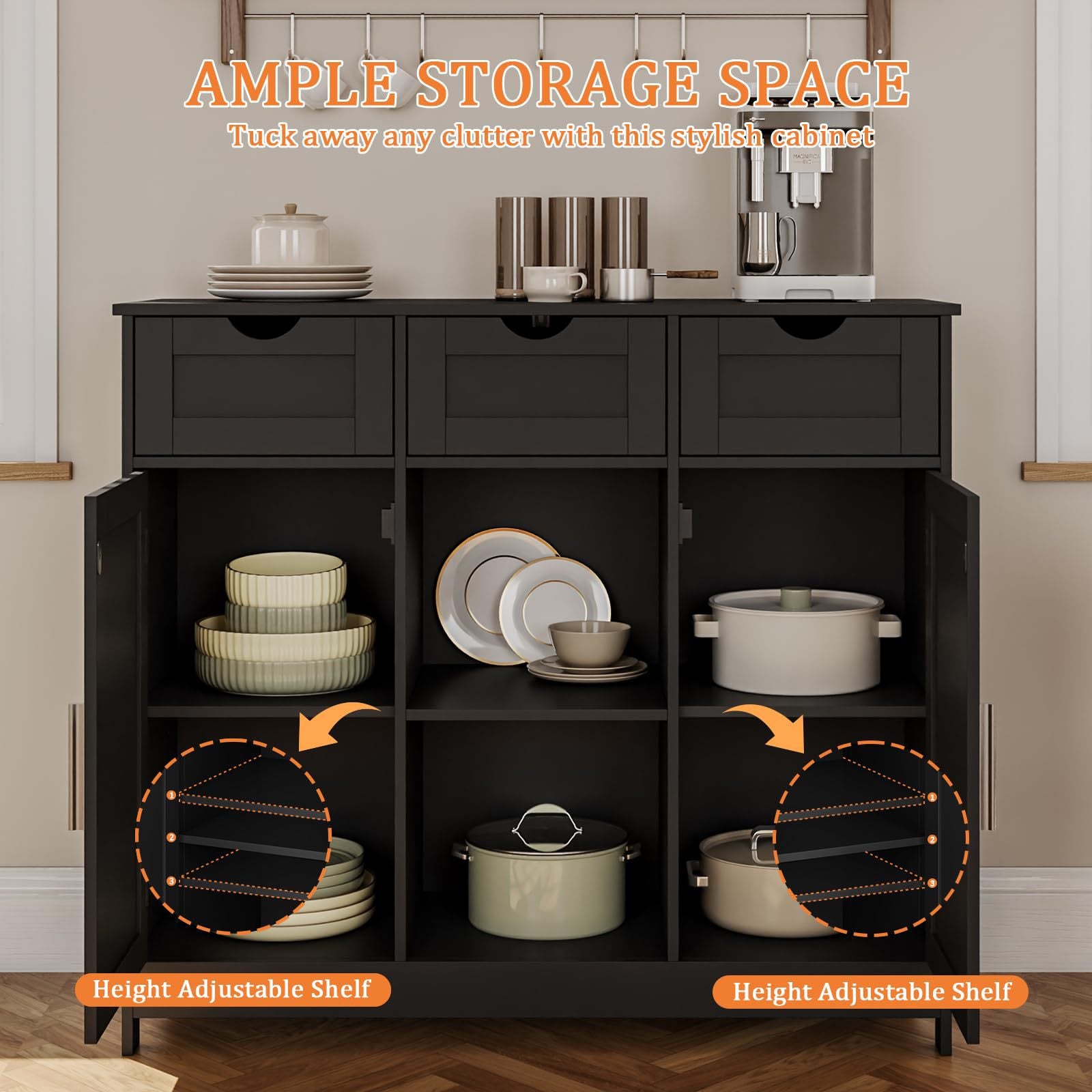 35" Double Doors Storage Cabinet with Open Shelf Drawers