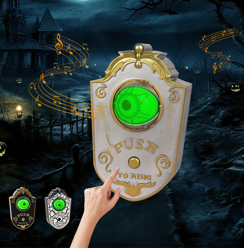 Halloween-themed doorbell with green glowing button and musical notes in a spooky setting.