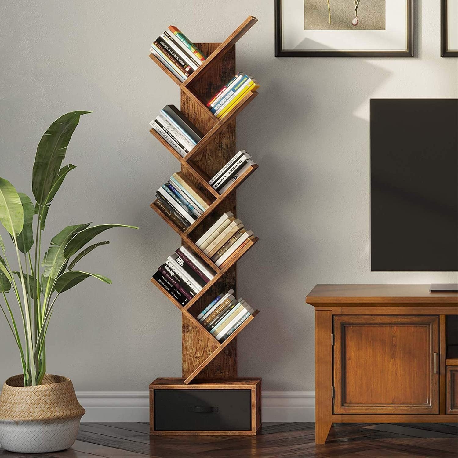 9 Tier Wooden Bookshelf Storage Rack With Drawer