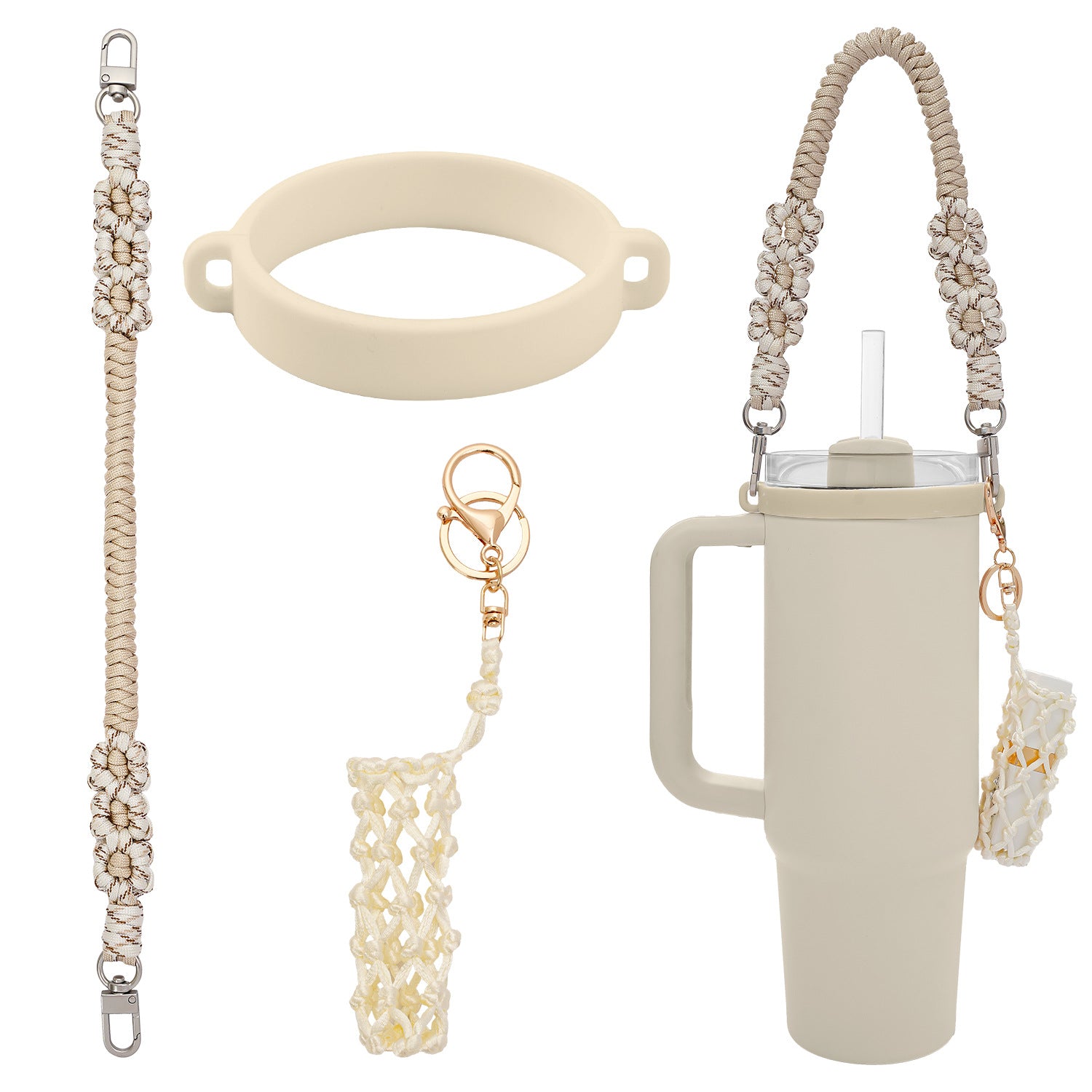 Handmade Macrame Daisy Water Bottle Handle for Tumbler Stanley Cup