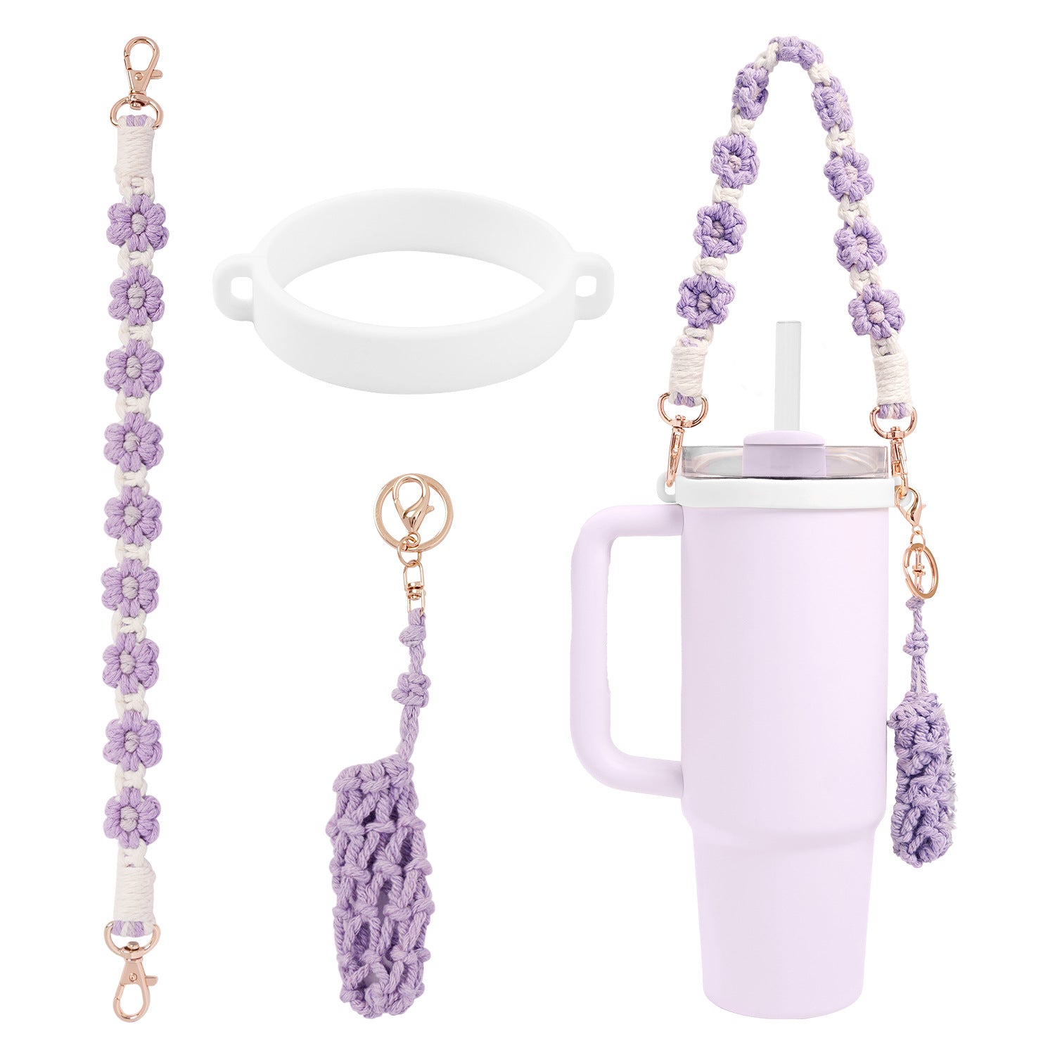 Handmade Macrame Daisy Water Bottle Handle for Tumbler Stanley Cup