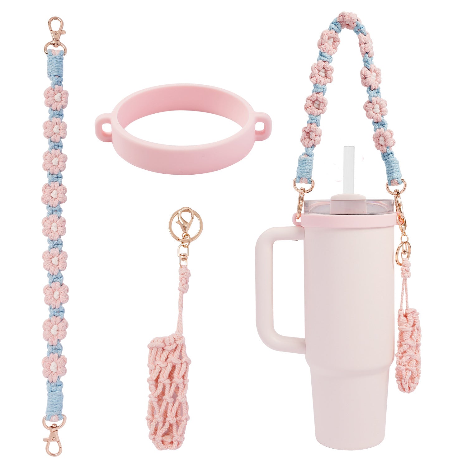 Handmade Macrame Daisy Water Bottle Handle for Tumbler Stanley Cup