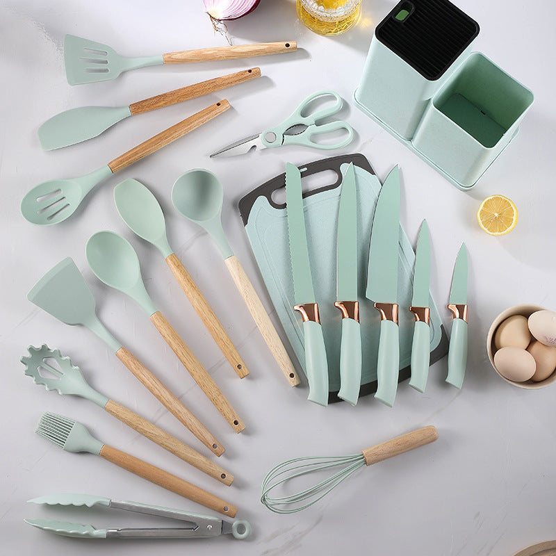 19pcs Silicone Kitchen Utensil Set With Wooden Handles