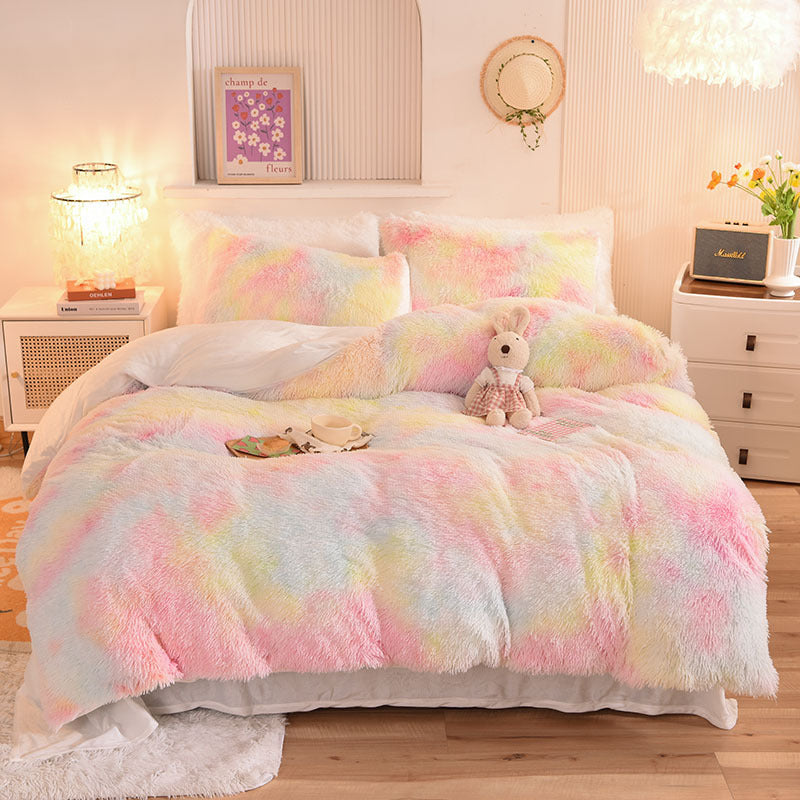 Nordic Furry Plush Duvet Cover 4Pcs Bedding Set Pink Gradient
