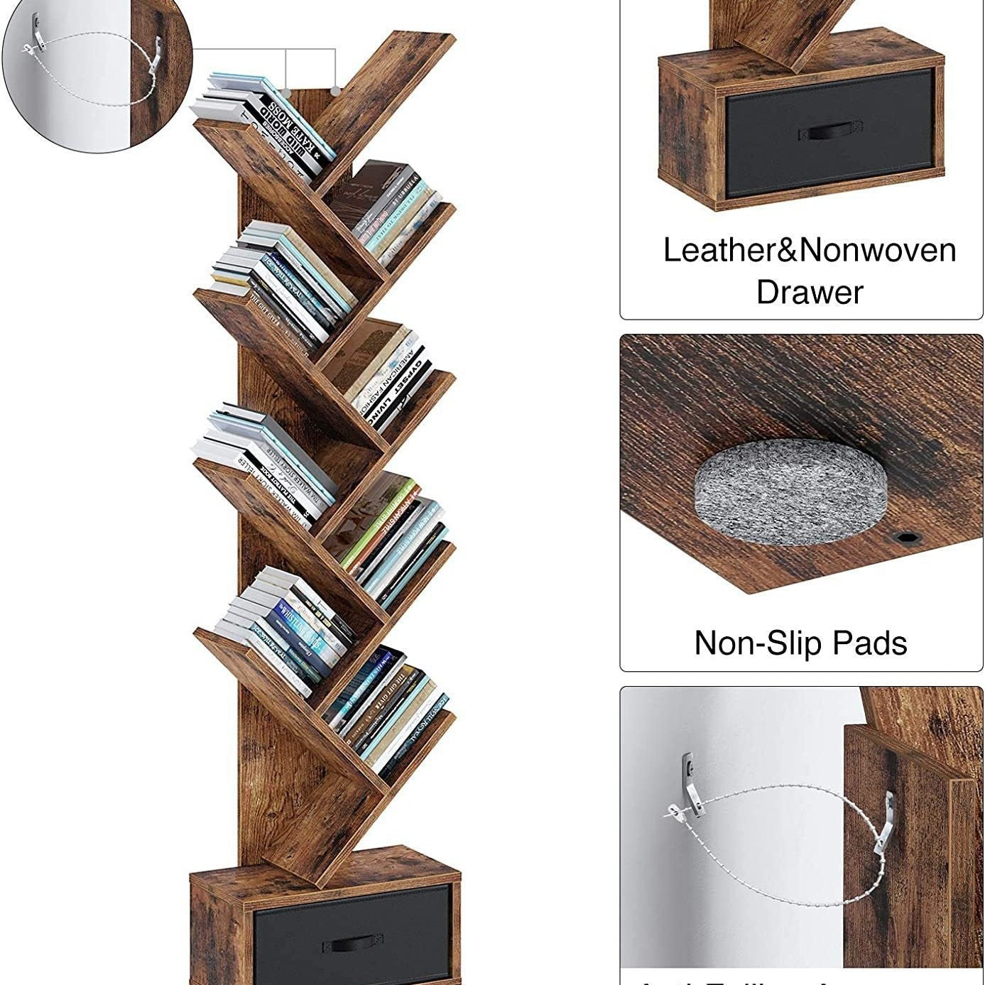 9 Tier Wooden Bookshelf Storage Rack With Drawer