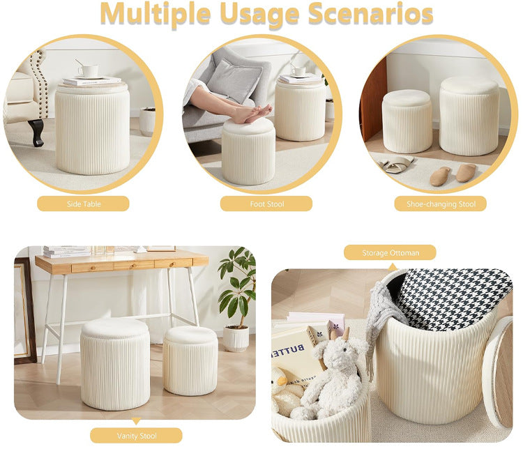 2 Pcs Set Round Ottoman Vanity Stool With Storage