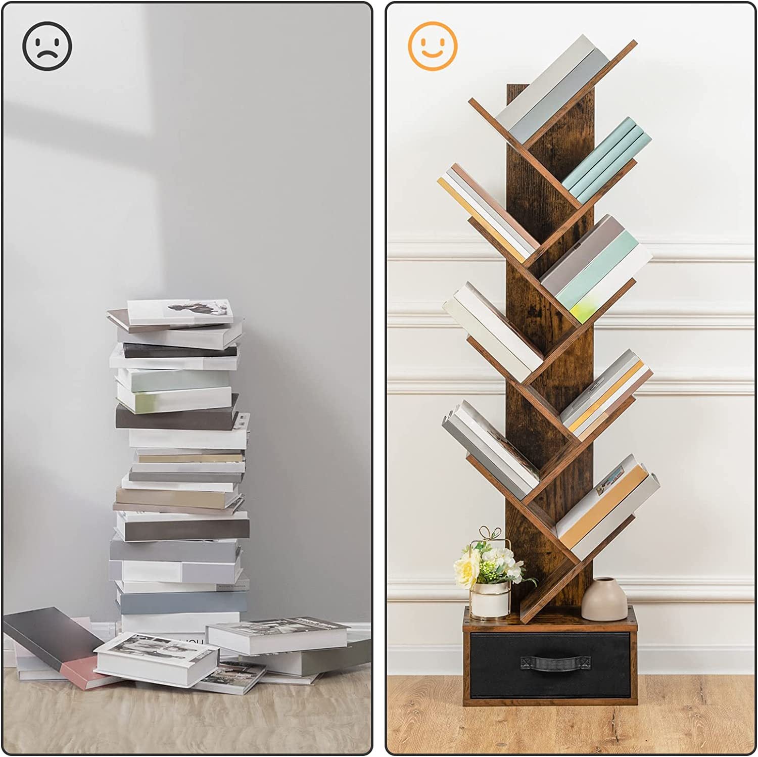 9 Tier Wooden Bookshelf Storage Rack With Drawer