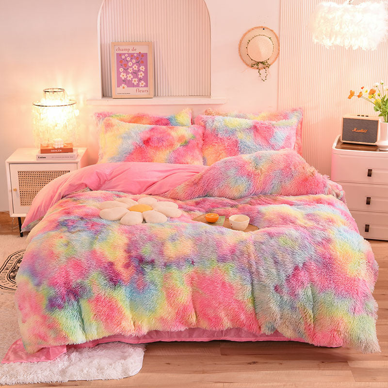 Colorful tie-dye comforter set Furry Plush Duvet Cover 4Pcs Bedding Set