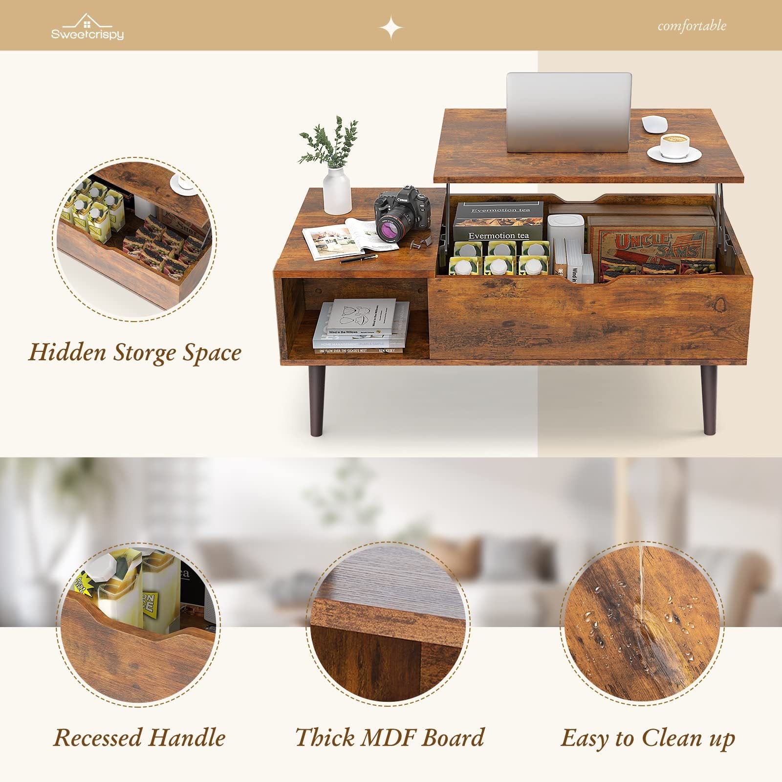 Lift Top Coffee Table With Hidden Storage Compartment