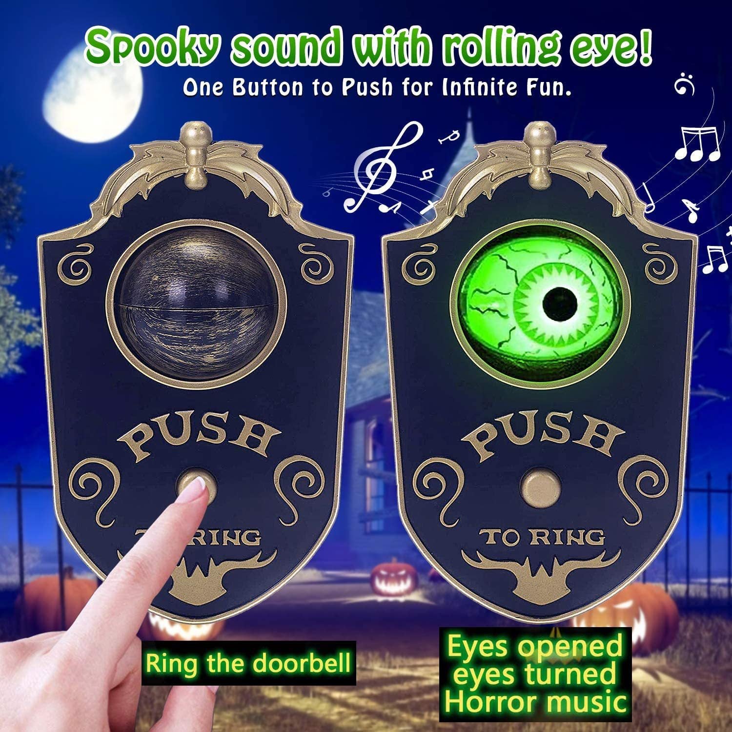 Doorbell with glowing green eye and spooky sound effects on a Halloween-themed background.