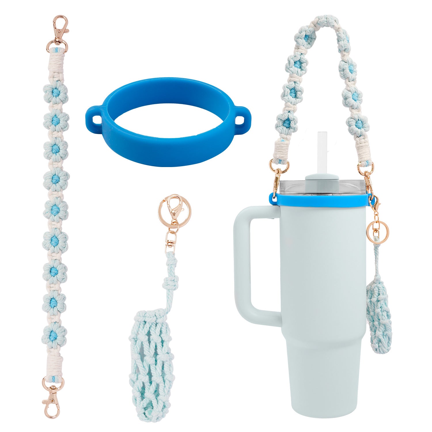 Handmade Macrame Daisy Water Bottle Handle for Tumbler Stanley Cup