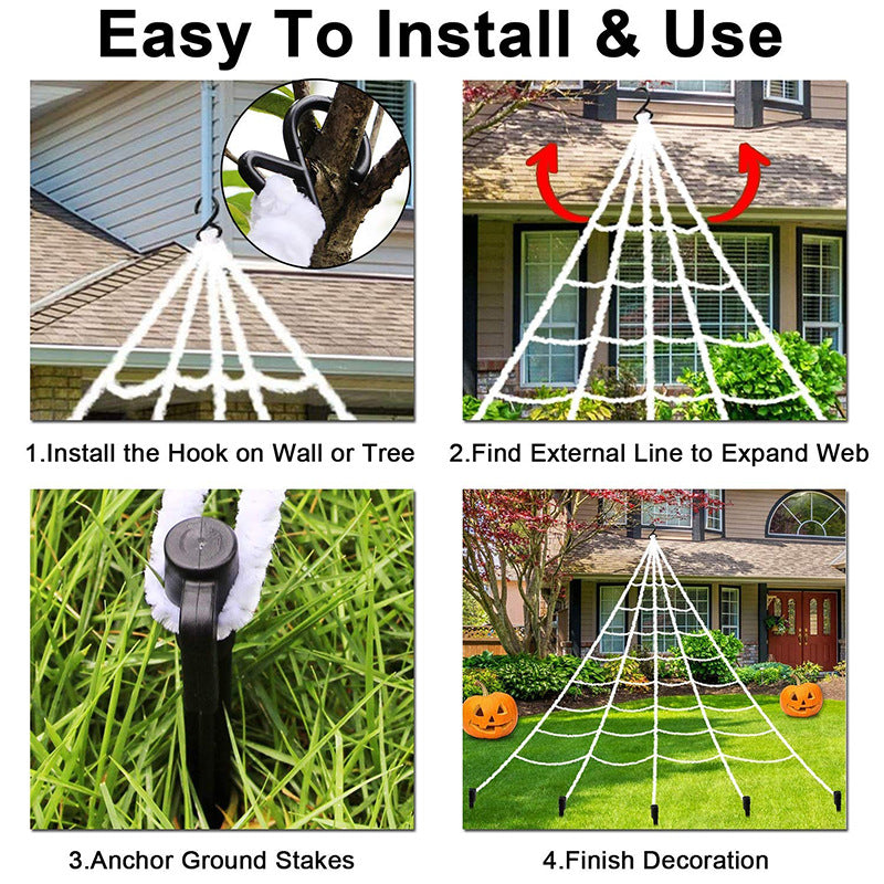 Step-by-step guide on how to install a spider web decoration with images of installation process.