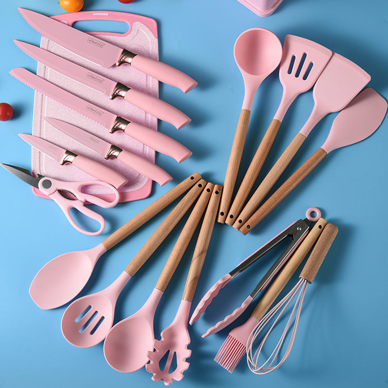 19pcs Silicone Kitchen Utensil Set With Wooden Handles