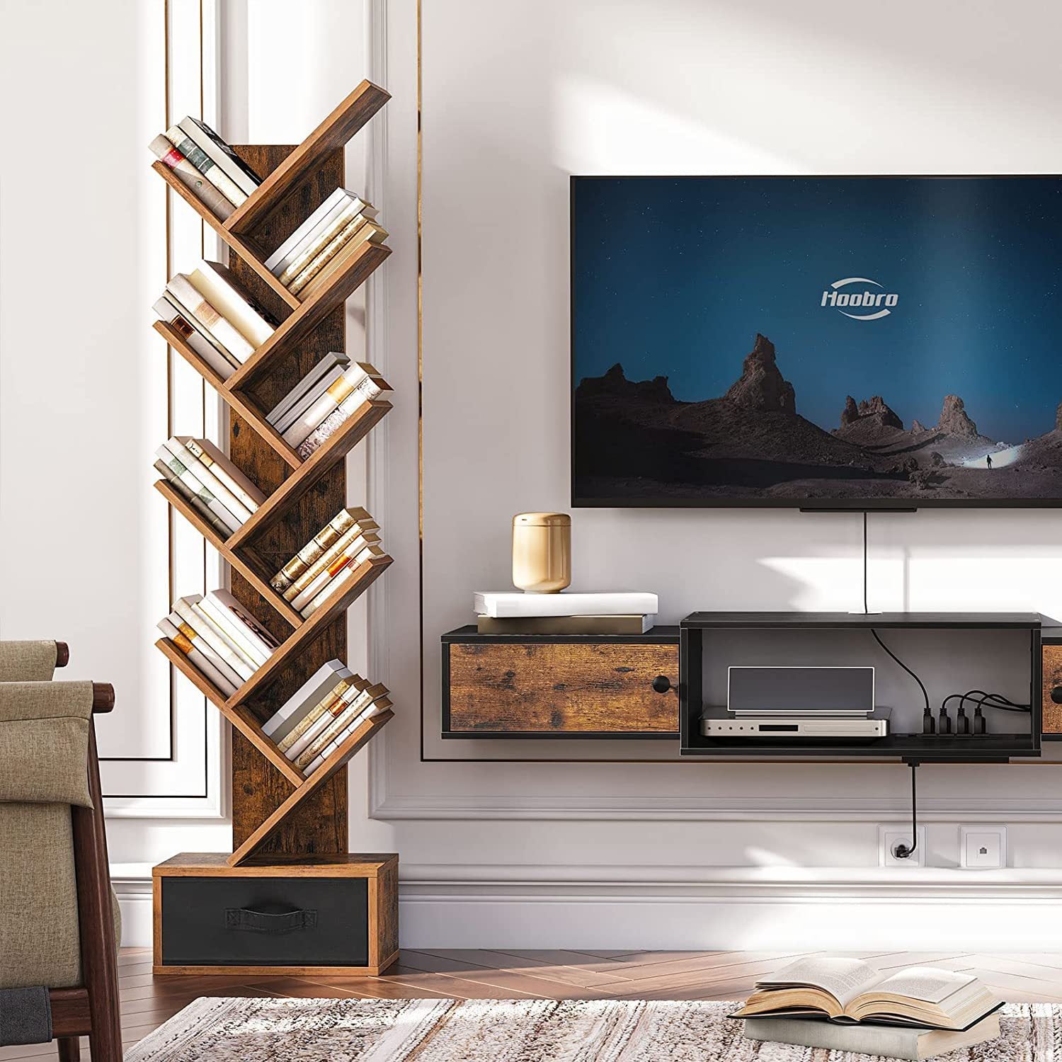 9 Tier Wooden Bookshelf Storage Rack With Drawer