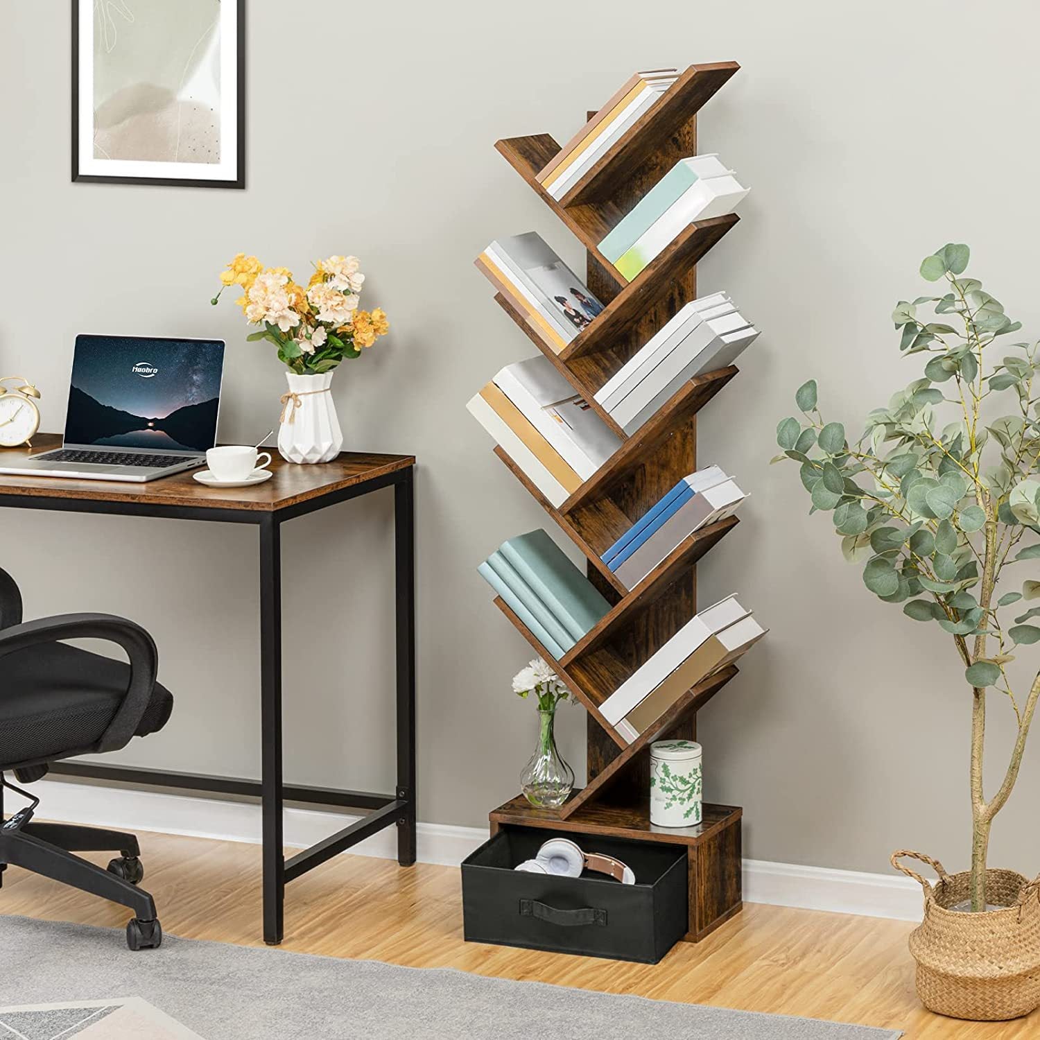 9 Tier Wooden Bookshelf Storage Rack With Drawer