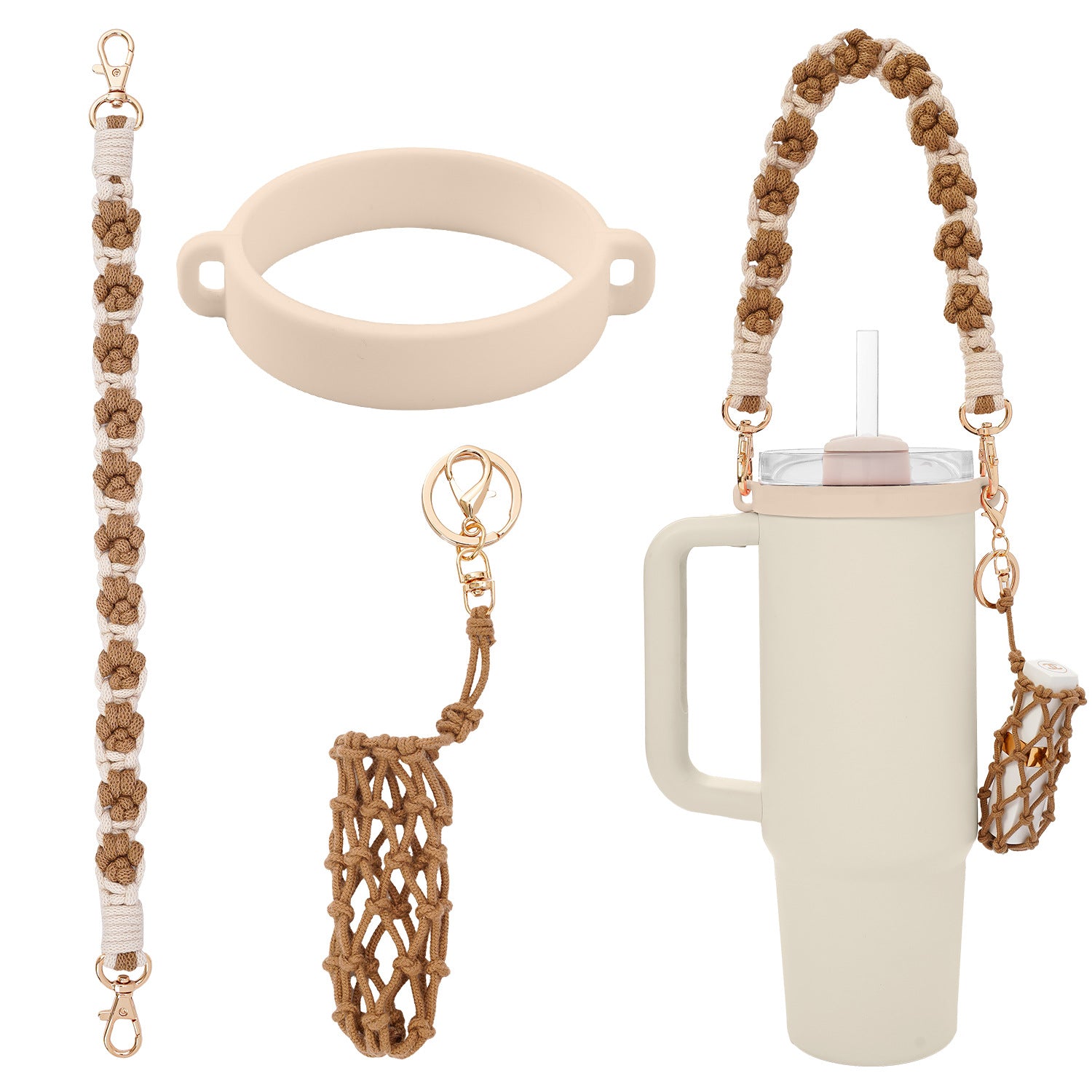 Handmade Macrame Daisy Water Bottle Handle for Tumbler Stanley Cup