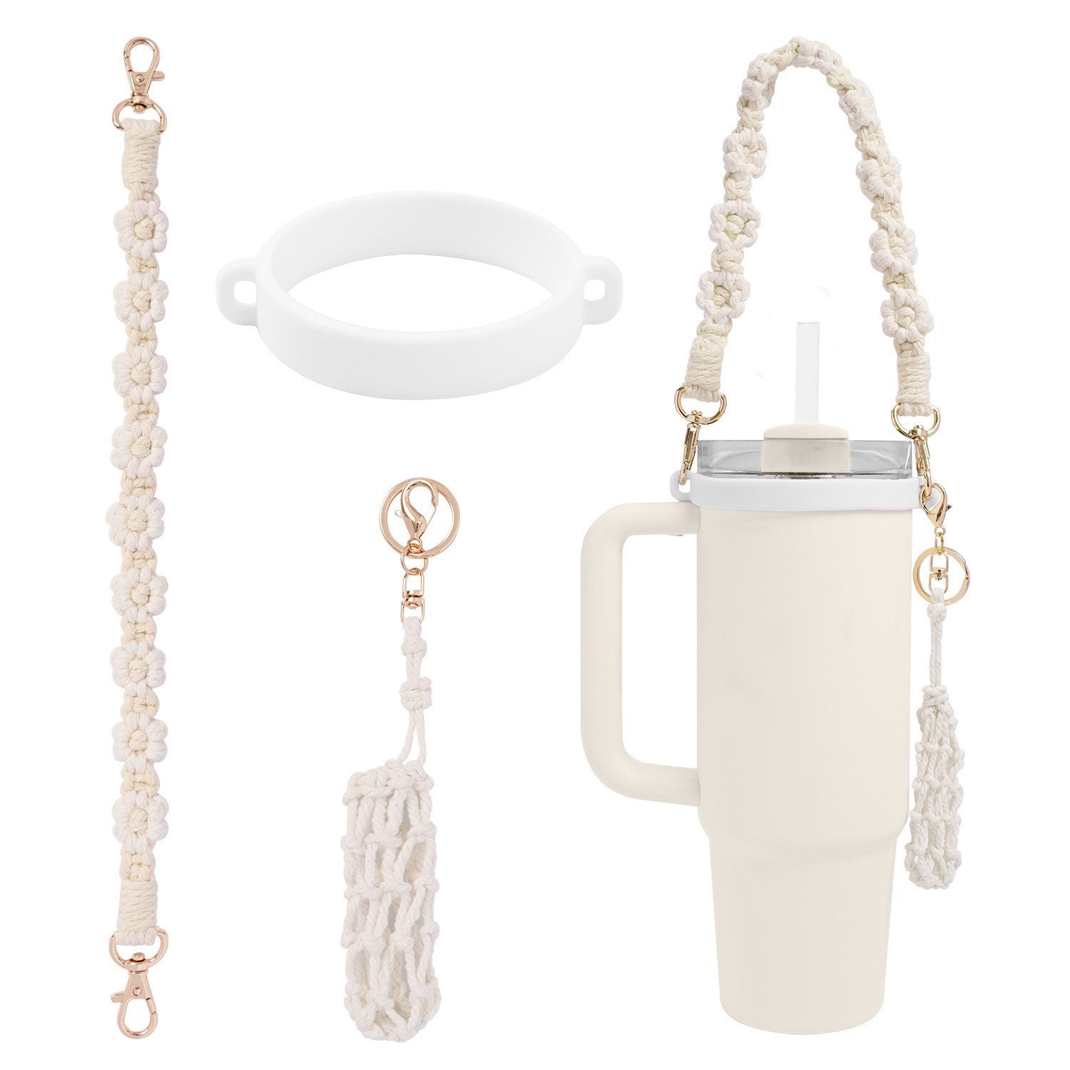 Handmade Macrame Daisy Water Bottle Handle for Tumbler Stanley Cup