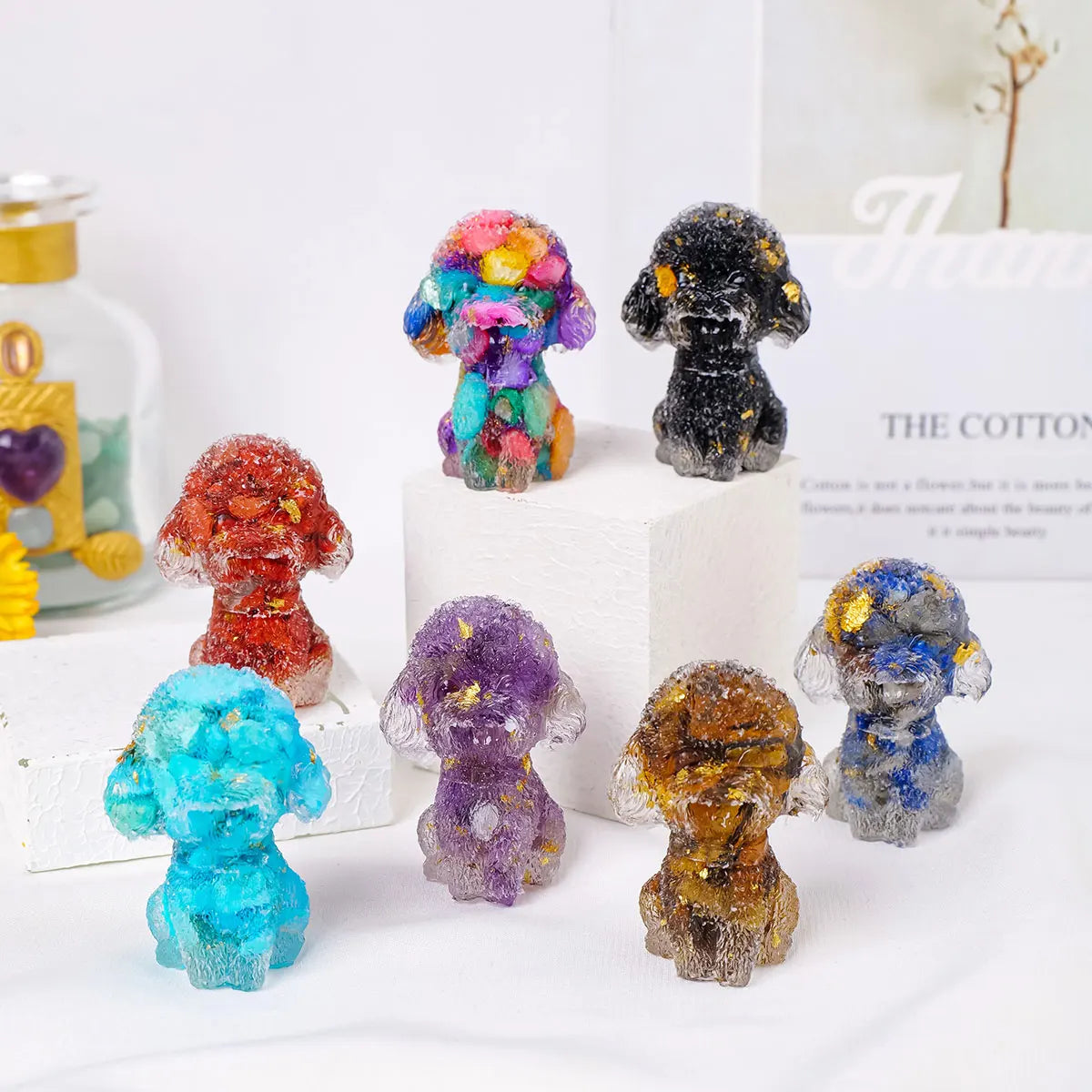 1PC Natural Crystal Gravel Teddy Dog Statue Dropper resin Reiki Stone Fengshui Creative Sculpture Study Room Home Decoration