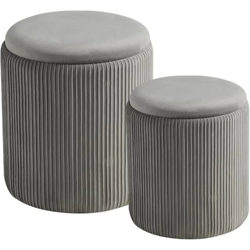 2 Pcs Set Round Ottoman Vanity Stool With Storage