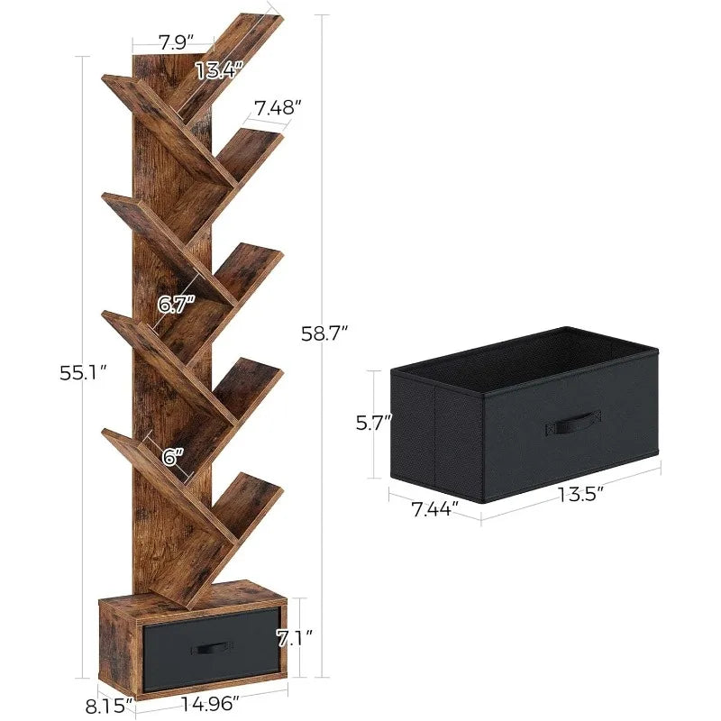 9 Tier Wooden Bookshelf Storage Rack With Drawer
