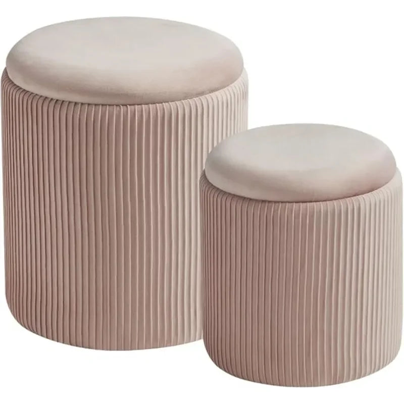 2 Pcs Set Round Ottoman Vanity Stool With Storage