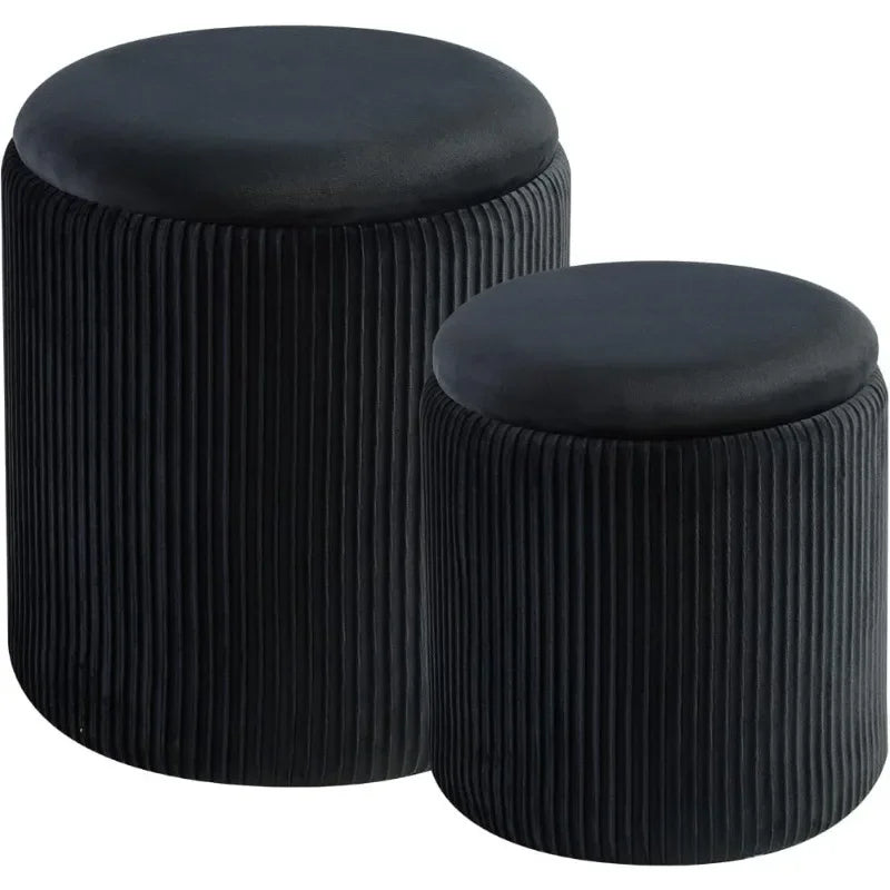 2 Pcs Set Round Ottoman Vanity Stool With Storage
