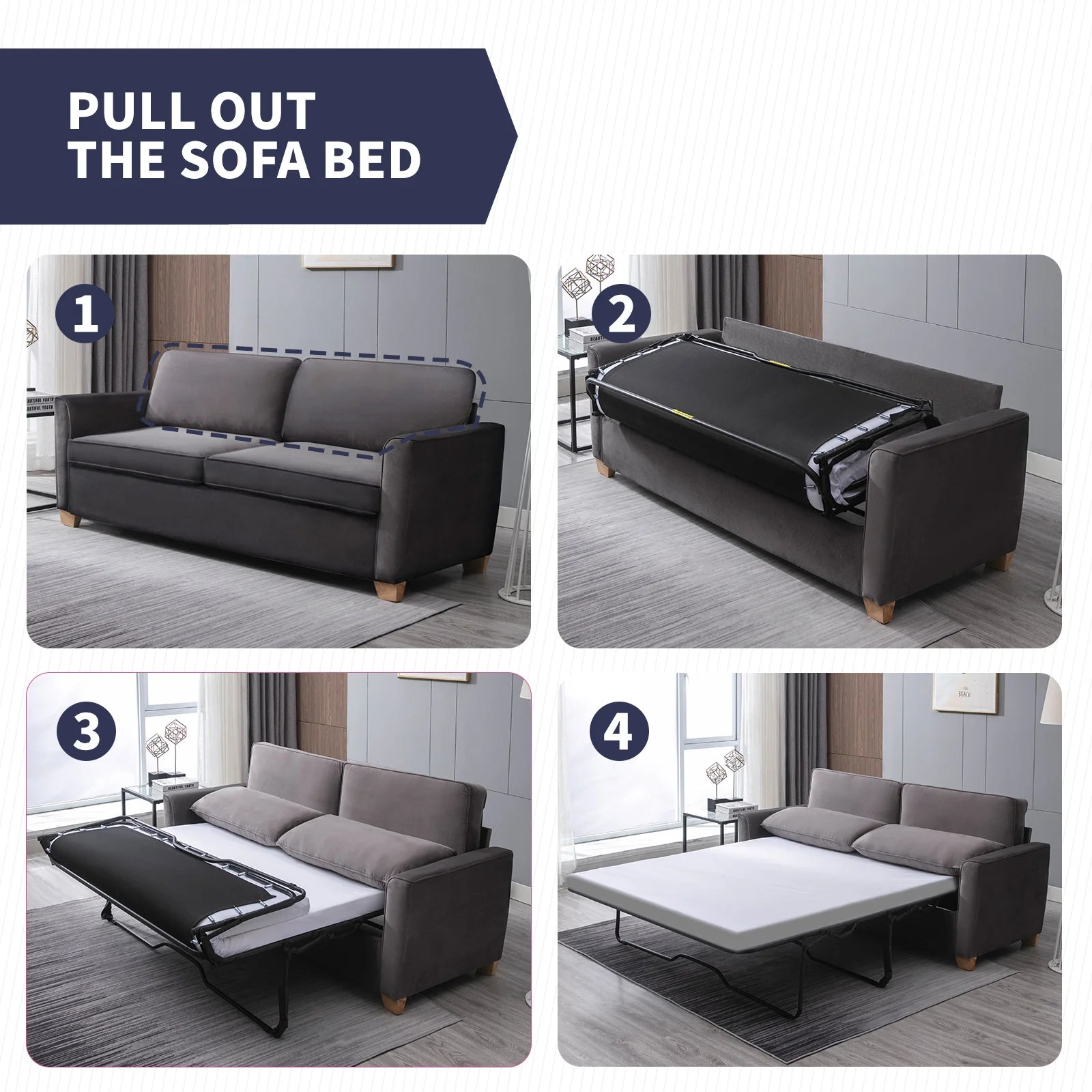 2-in-1 Pull-Out Velvet Futon Sofa Bed