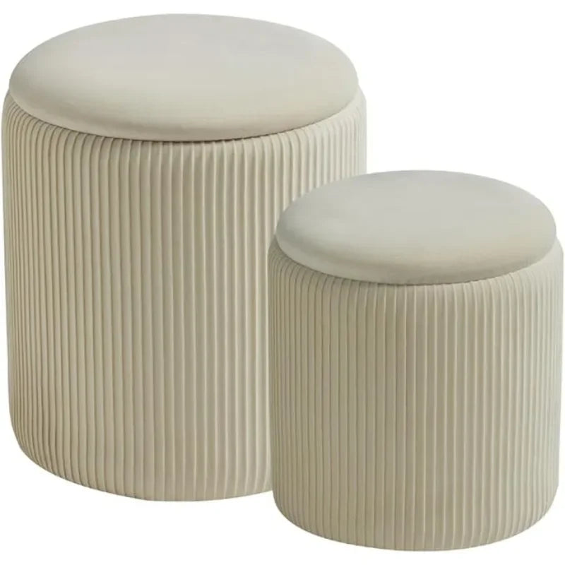 2 Pcs Set Round Ottoman Vanity Stool With Storage