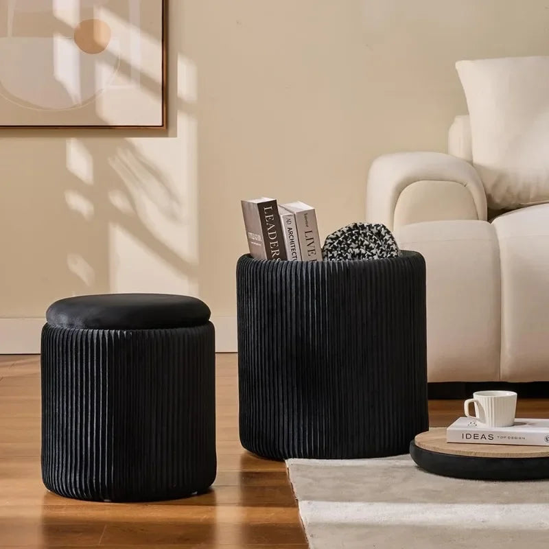 2 Pcs Set Round Ottoman Vanity Stool With Storage