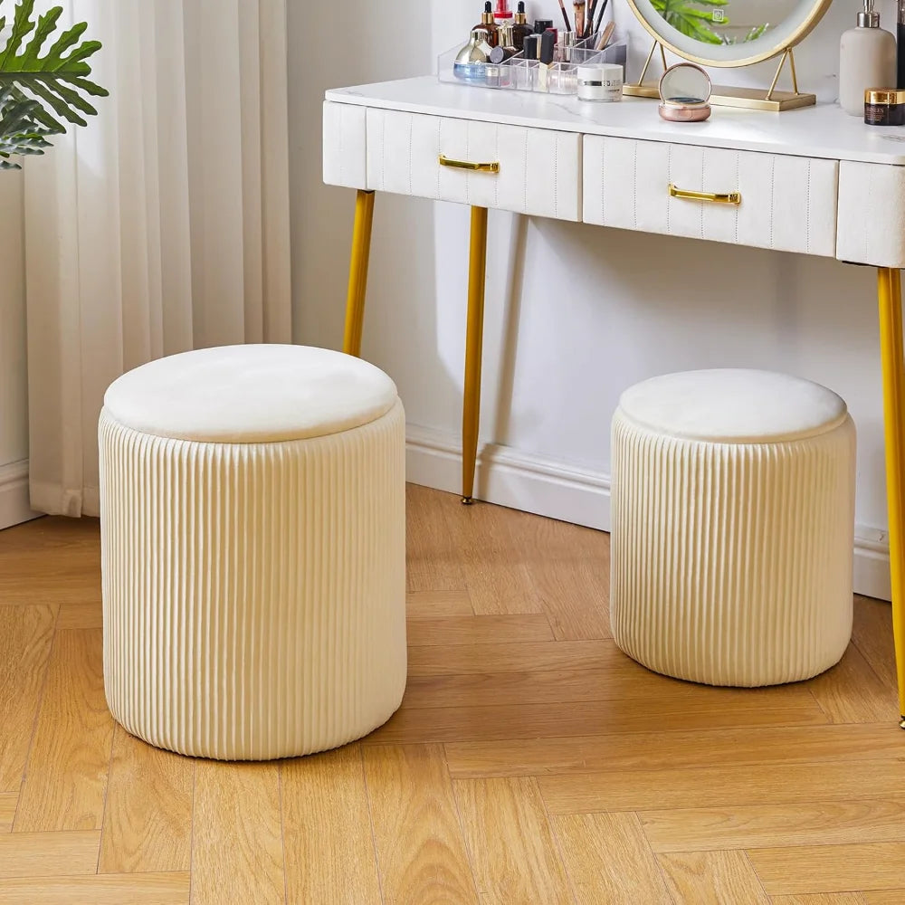 2 Pcs Set Round Ottoman Vanity Stool With Storage