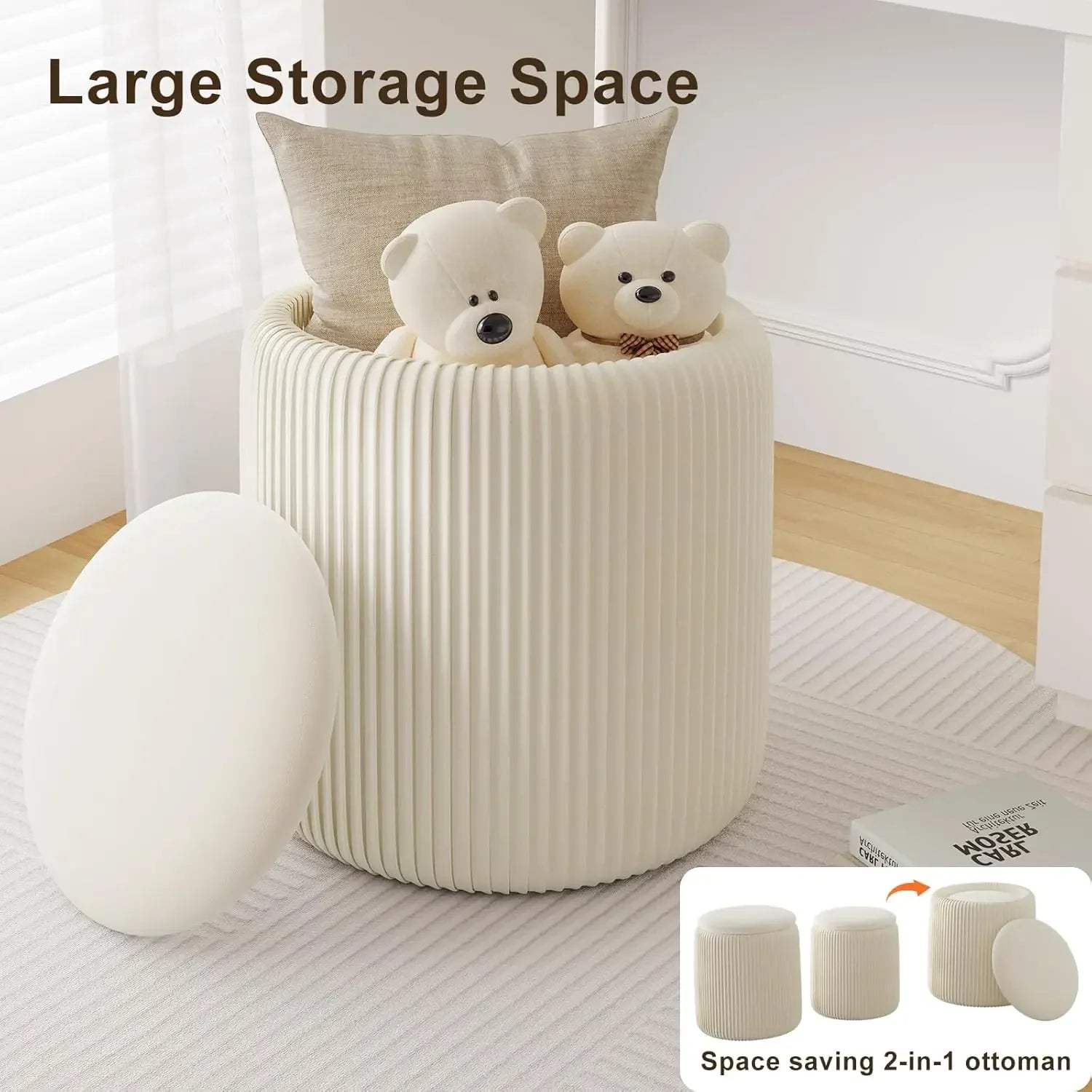 2 Pcs Set Round Ottoman Vanity Stool With Storage