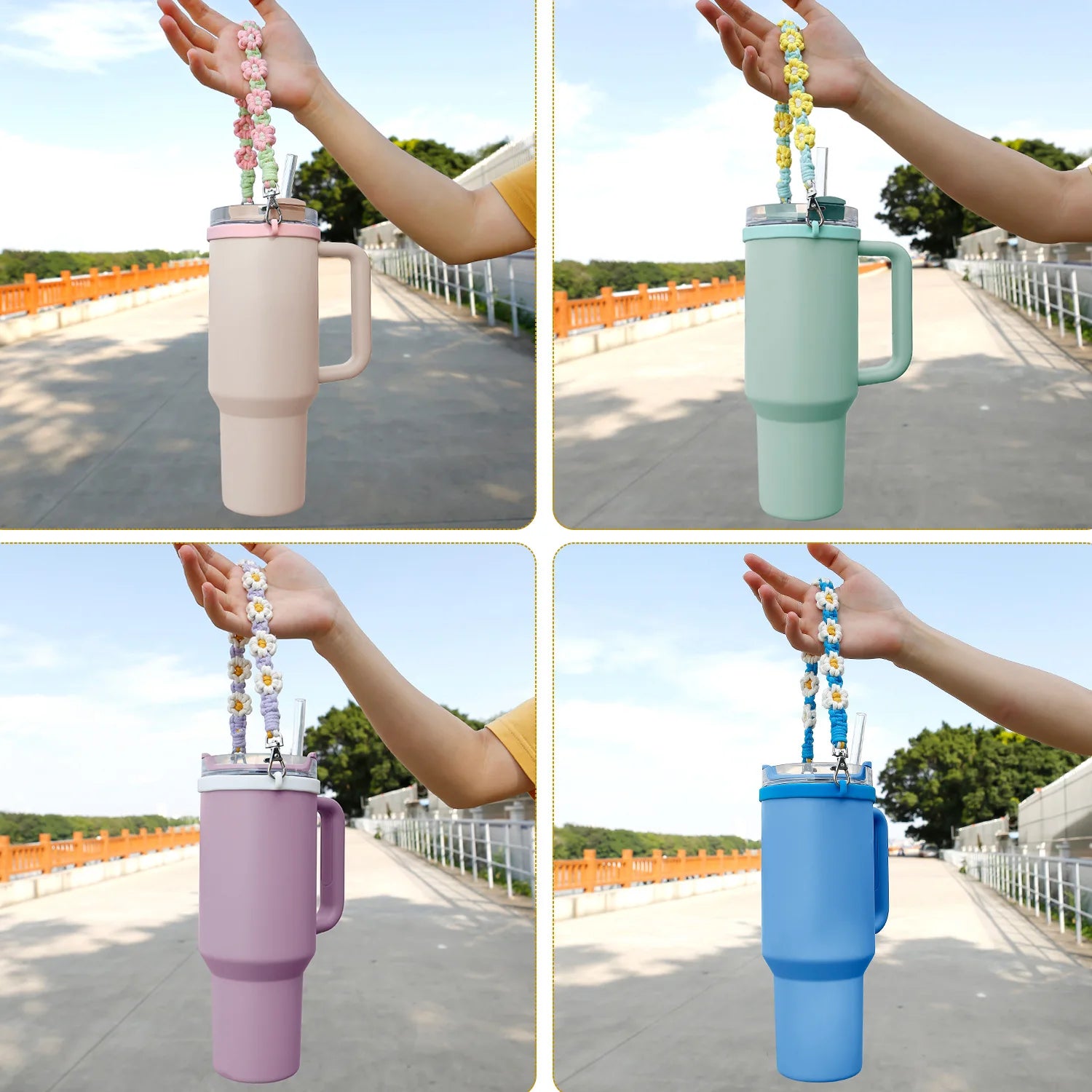 Handmade Macrame Daisy Water Bottle Handle for Tumbler Stanley Cup