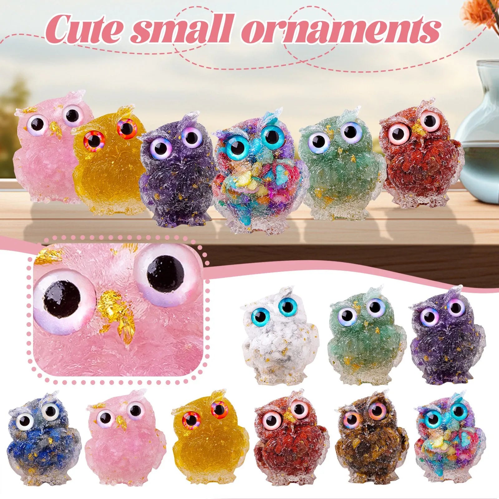1PC Natural Owl Amethyst Rose Quartz Cute Animal Image Macadam Drip Glue Resin Owl Household Supplies Desktop Ornament