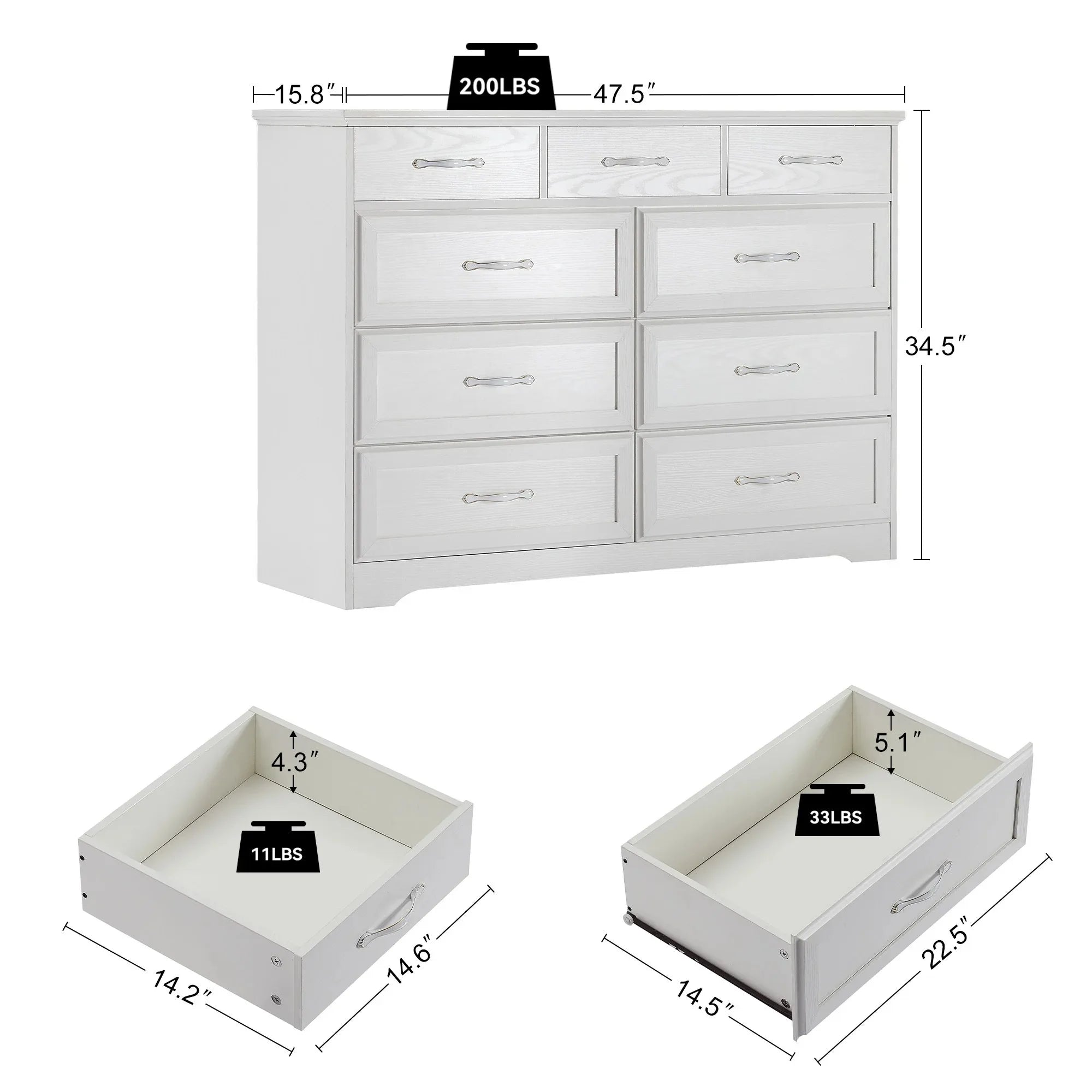 9 Chest of Drawers White Wooden Bedroom Dresser