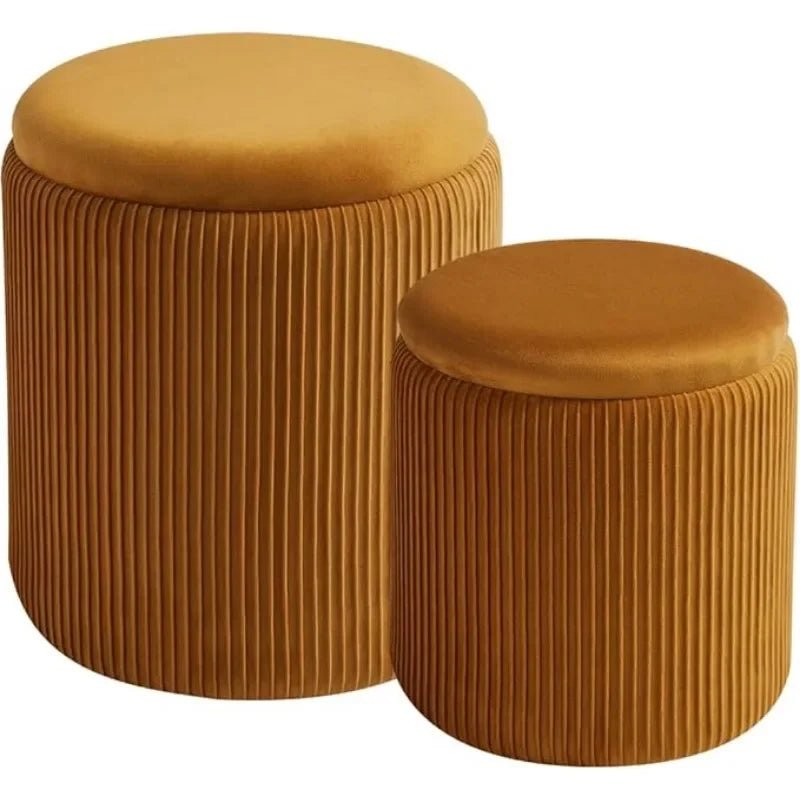 2 Pcs Set Round Ottoman Vanity Stool With Storage