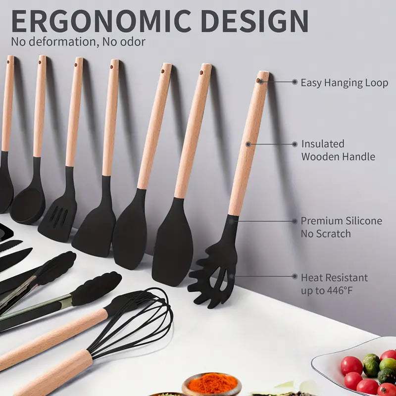 19pcs Silicone Kitchen Utensil Set With Wooden Handles