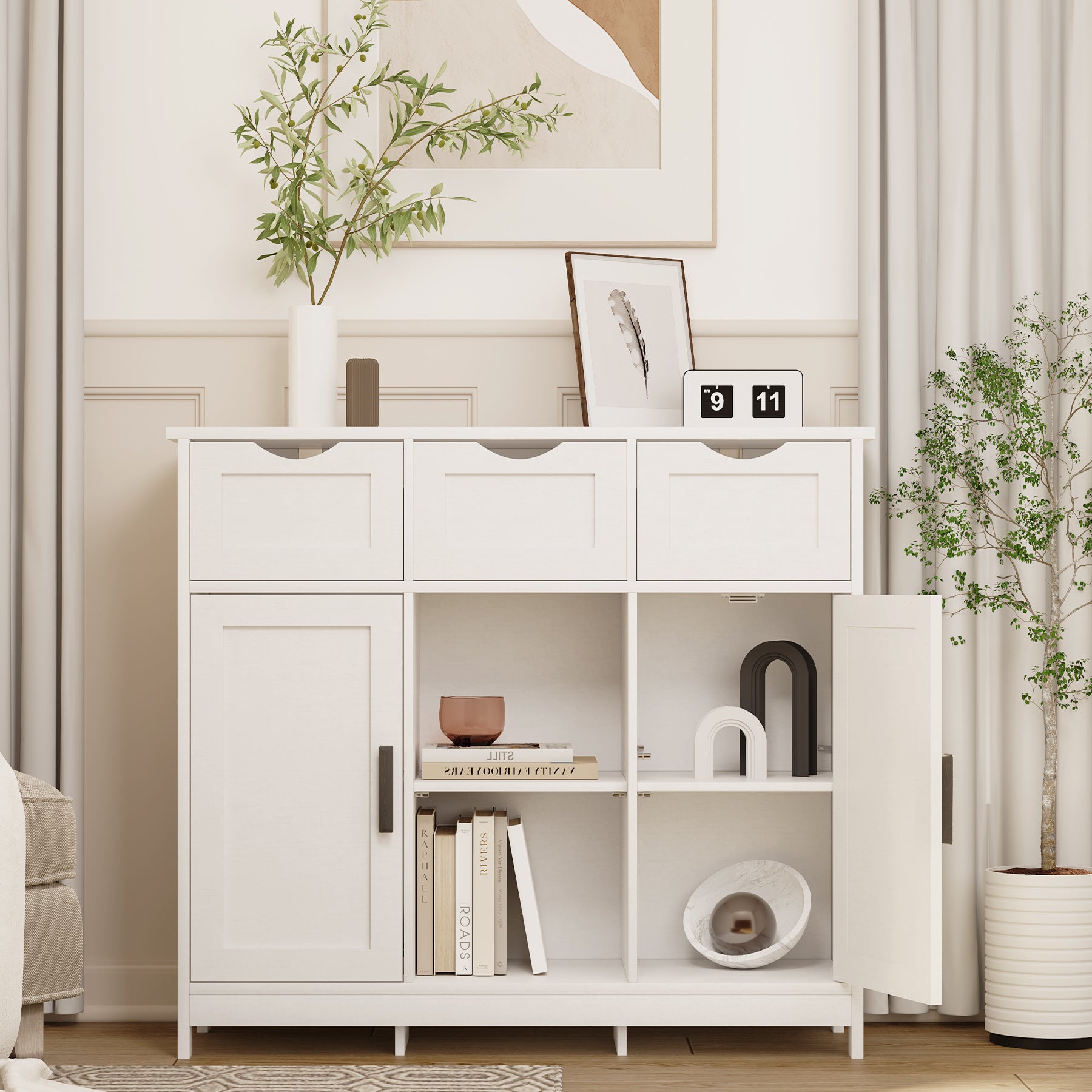 3 Drawers Open Shelf White Cabinets & Shelves