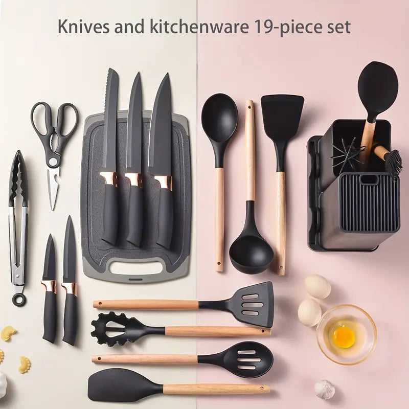 19pcs Silicone Kitchen Utensil Set With Wooden Handles