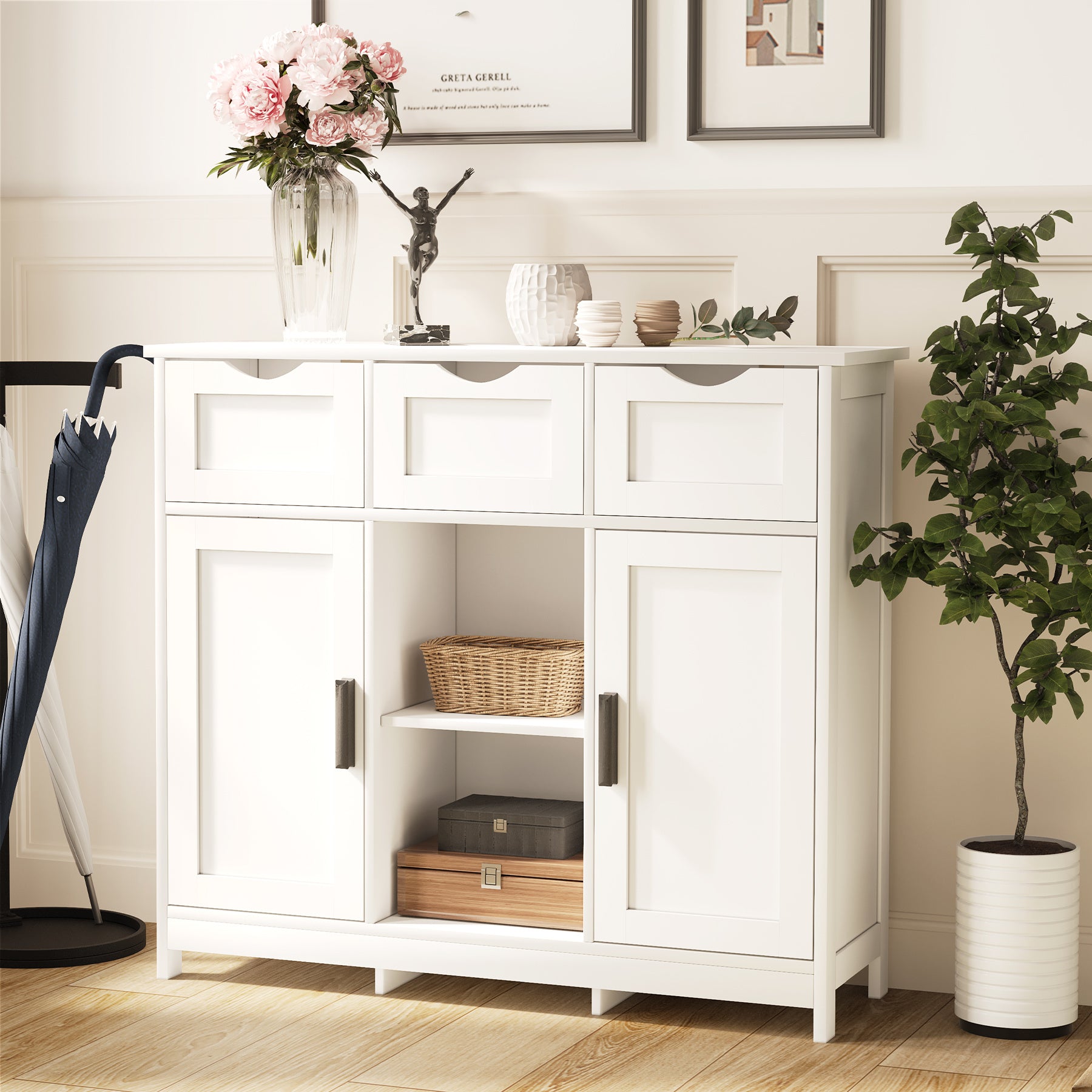 3 Drawers Open Shelf White Cabinets & Shelves