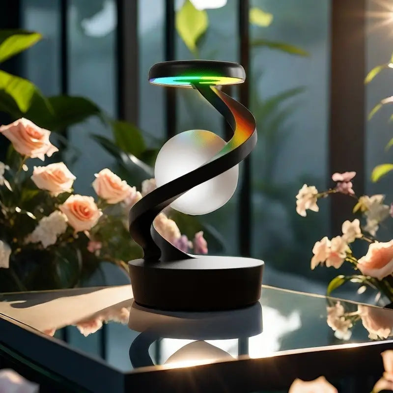 Decorative lamp with colorful spiral design on a reflective surface with flowers in the background